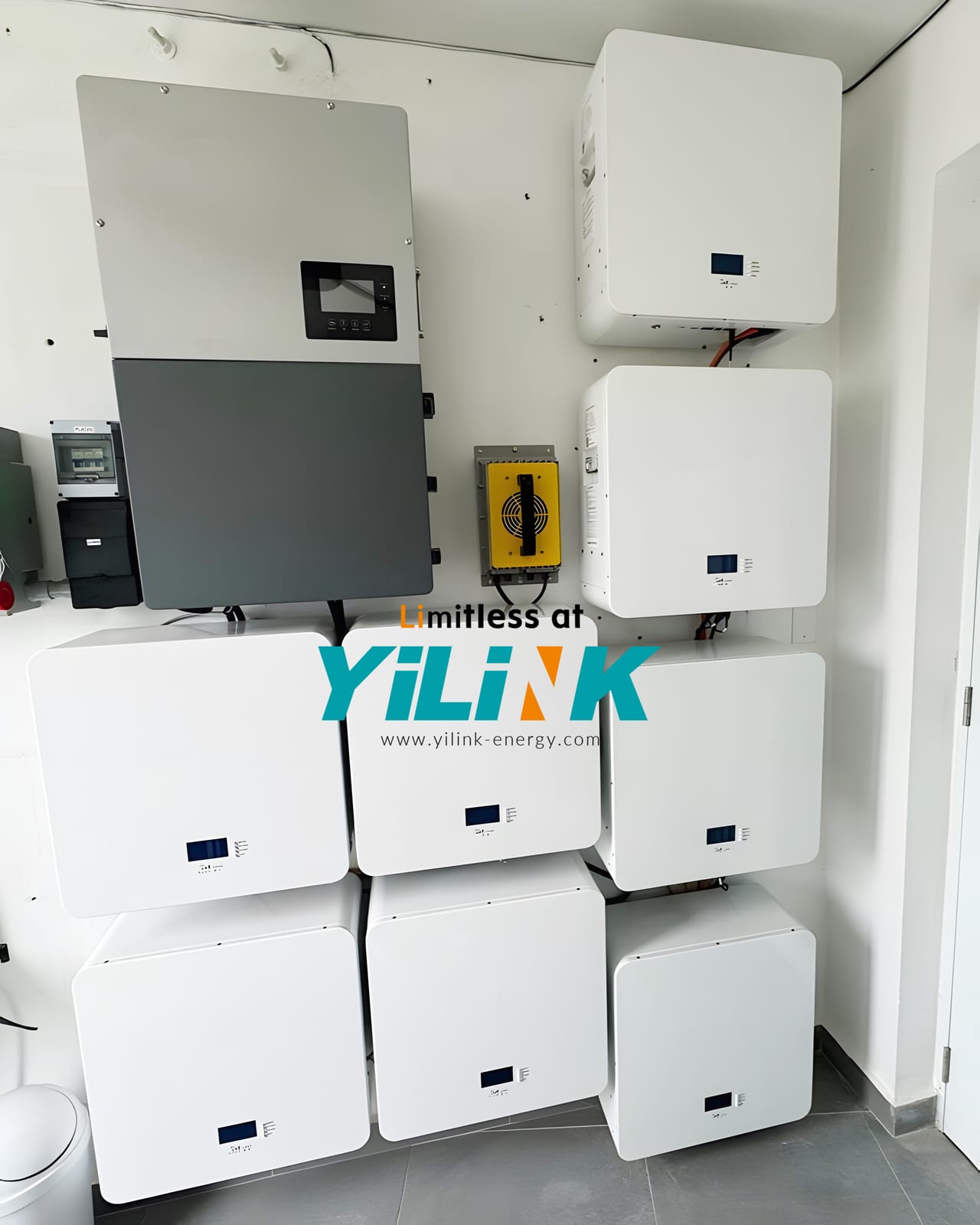 Yilink iPower Mini wall batteries stacked in a utility room