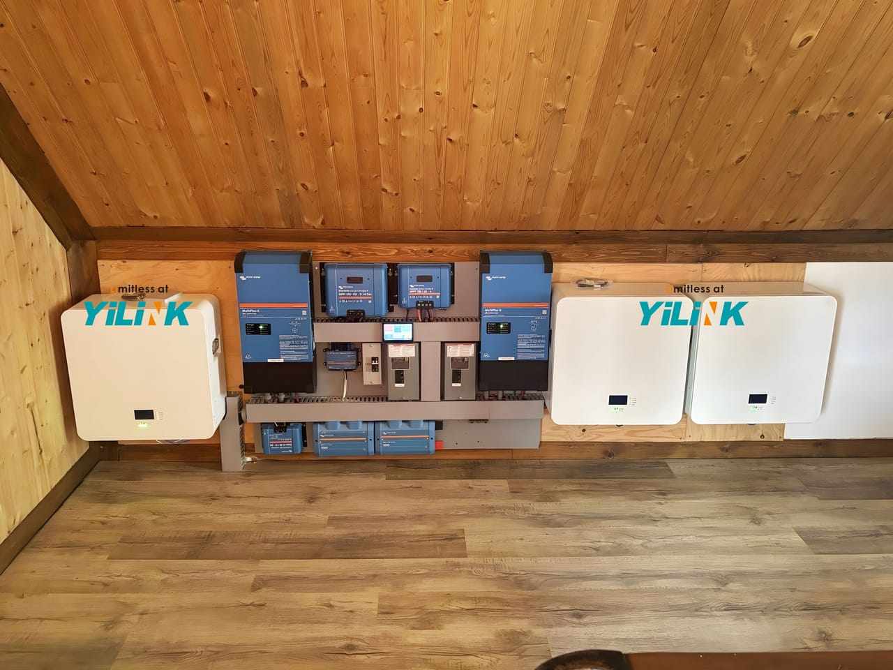 Yilink iPower Mini batteries under a wooden ceiling with Victron inverters