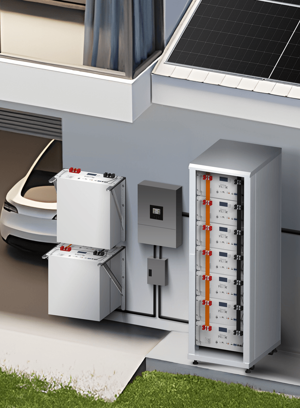 Residential installation: S48200 rack cabinet and wall-mounted batteries wired to an inverter, beneath a solar panel