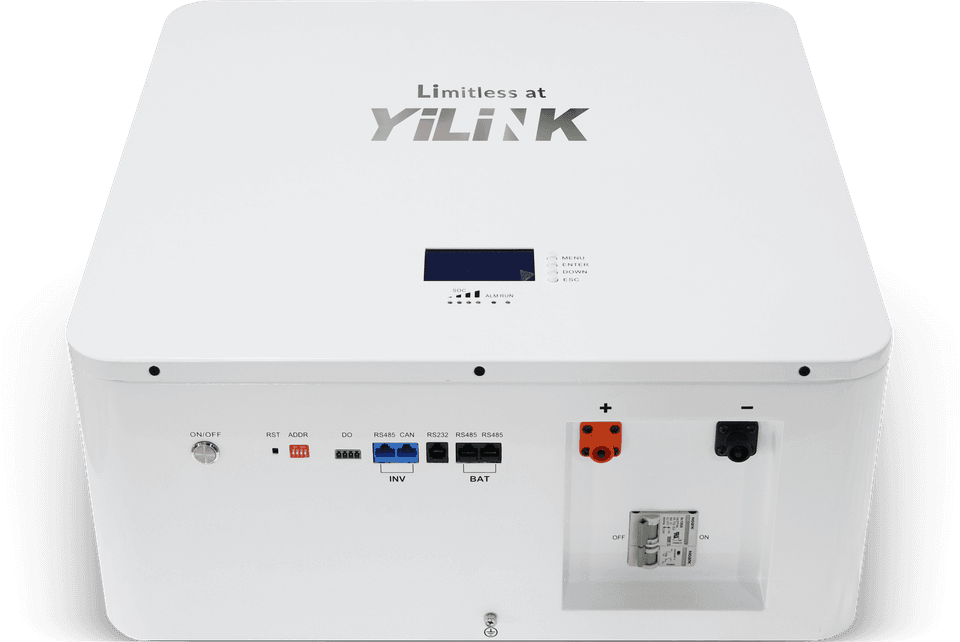 W48200 connection panel: power switch, RS485 and CAN ports, positive and negative terminals, breaker