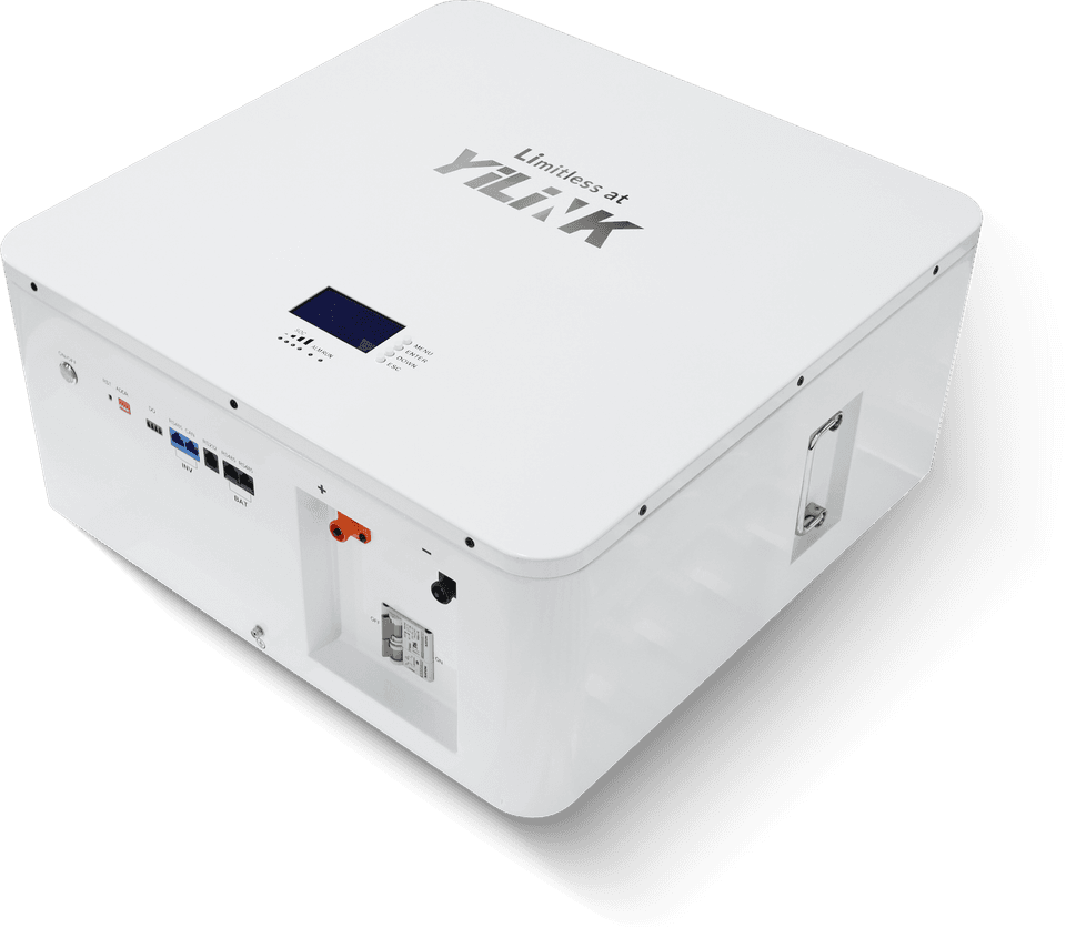 Yilink iPower W48200 battery, three-quarter view showing the connection panel and side handle