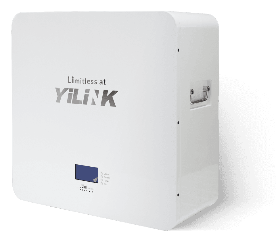 Yilink iPower W48200 battery, three-quarter view: control screen, state-of-charge indicators and carrying handle